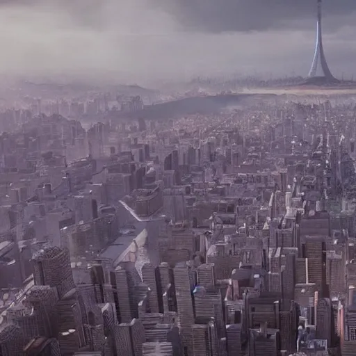 Image similar to Beautiful cinematic scene of a gigantic tower watching over a city, on top of a mountain, epic, megalophobia, cinematic lighting, insanely detailed, directed by Denis Villeneuve and Wes Anderson, filmic