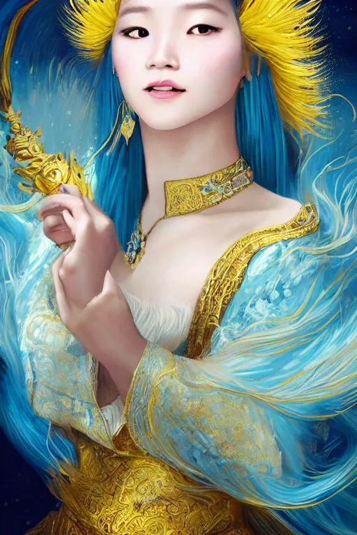 Prompt: a beautiful young Asian woman, Queen of the Sea Mu Yanling, long flowing white hair, blue and yellow robe with wide feather like quality, water flowing and floating around, young female face, liquid magic, cinematic top lighting, insanely detailed and intricate, face by wlop, Charlie Bowater, golden ratio, symmetrical proportions, elegant, ornate, luxury, elite, matte painting, MTG, magic the gathering, trending on artstation, cinematic, cgsociety, 8k, high resolution,