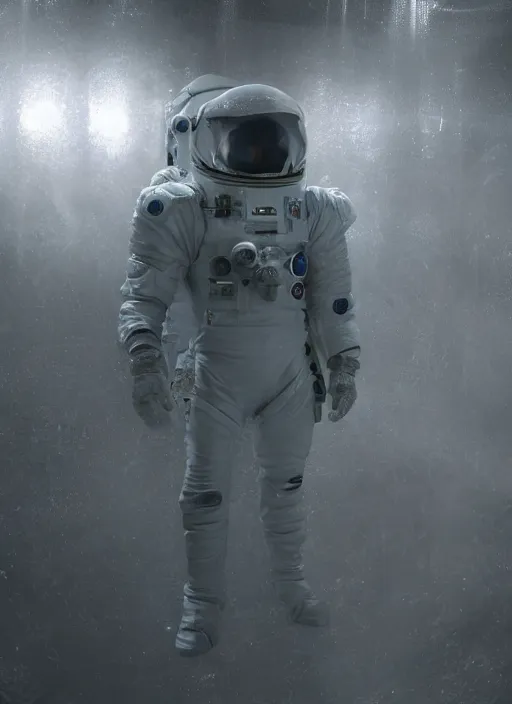 Image similar to symmetry concept art by craig mullins astronaut in futuristic dark and empty spaceship underwater. infrared glowing lights. complex and hyperdetailed technical suit. reflection and dispersion materials. rays and dispersion of light. volumetric light. 5 0 mm, f / 3 2. noise film photo. flash photography. unreal engine 4, octane render. interstellar movie art