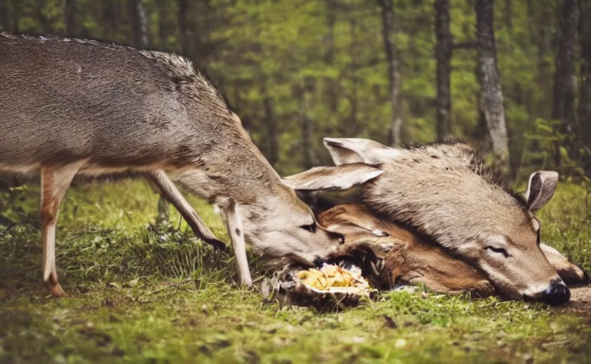 Image similar to A deer eating a dead wolf in the forest. Night time, dramatic, cinematic shot