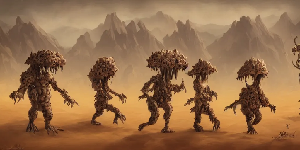 Image similar to fungus monsters walks in a desert, trending on artstation