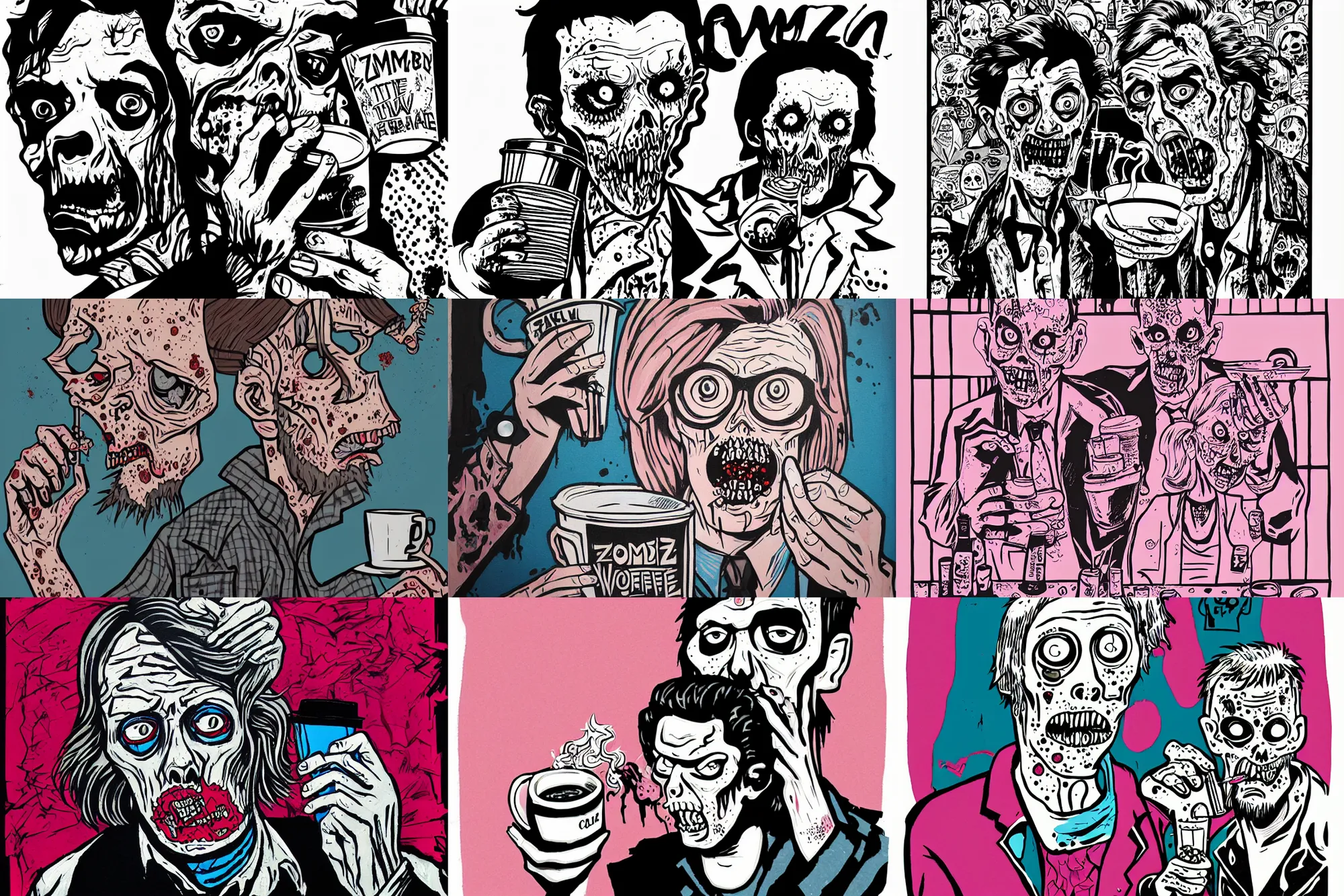 Prompt: zombie drinking take away coffee , portrait by mcbess, pink and blue