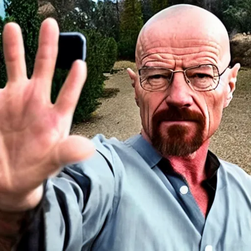 Image similar to walter white sending a selfie doing a heart gesture