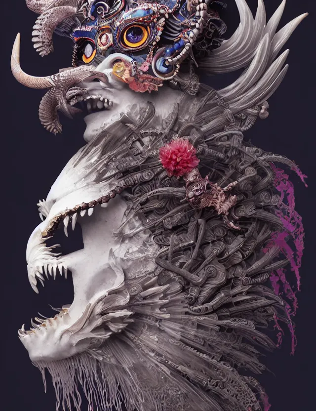 Image similar to 3 d goddess of satan close - up profile portrait with ram skull. beautiful intricately detailed japanese crow kitsune mask and clasical japanese kimono. betta fish, jellyfish phoenix, bio luminescent, plasma, ice, water, wind, creature, artwork by tooth wu and wlop and beeple and greg rutkowski