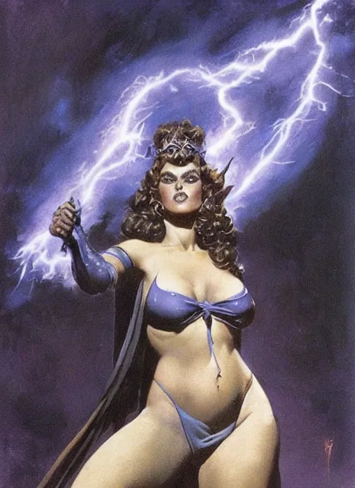 Image similar to mighty plump female sorceress, blue tiara, lightning strike above head, strong line, muted color, beautiful! coherent! by frank frazetta, by brom