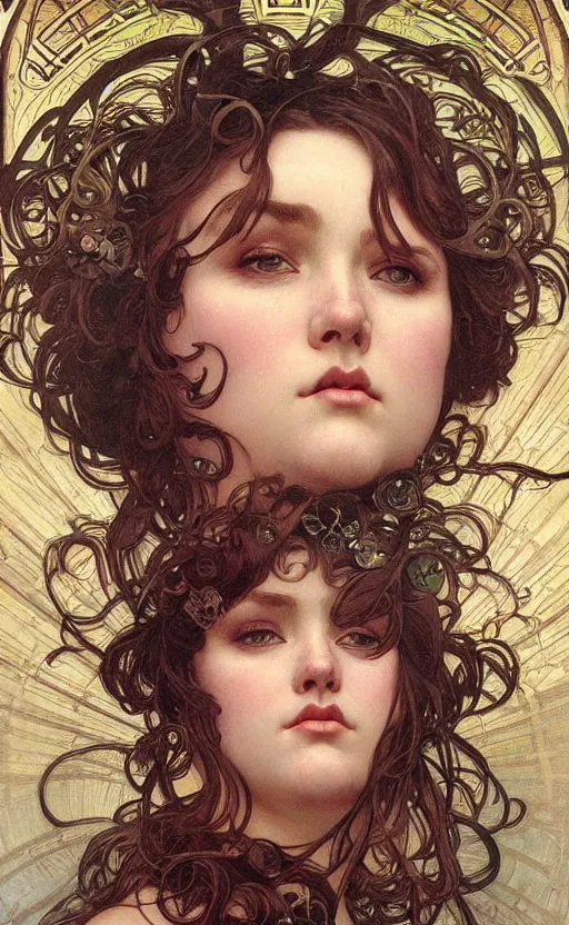 Prompt: hyper-realistic detailed face portrait of attractive chubby, plus-sized model by Alphonse Mucha, Ayami Kojima, Amano, Charlie Bowater, Karol Bak, Greg Hildebrandt, Jean Delville, and Mark Brooks, Art Nouveau, Neo-Gothic, gothic, rich deep moody colors
