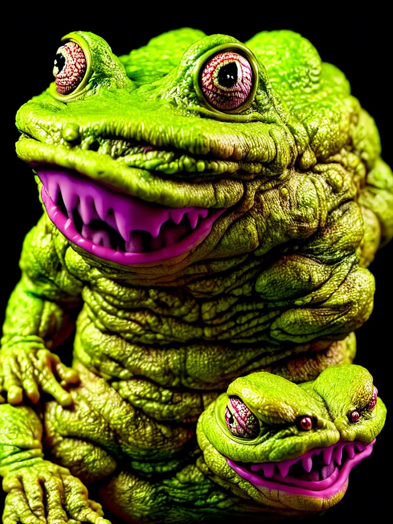 Image similar to hyperrealistic rendering, fat smooth cronenberg flesh monster toad kaiju by by art of skinner and richard corben, eyeballs, product photography, action figure, sofubi, studio lighting, colored gels, colored background