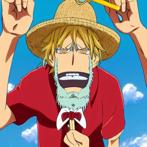 Prompt: Anime key visual of a large man with blonde hair, blue eyes and a bushy beard wearing a tie dye t-shirt and a straw hat while smoking a pipe in One Piece Anime Series