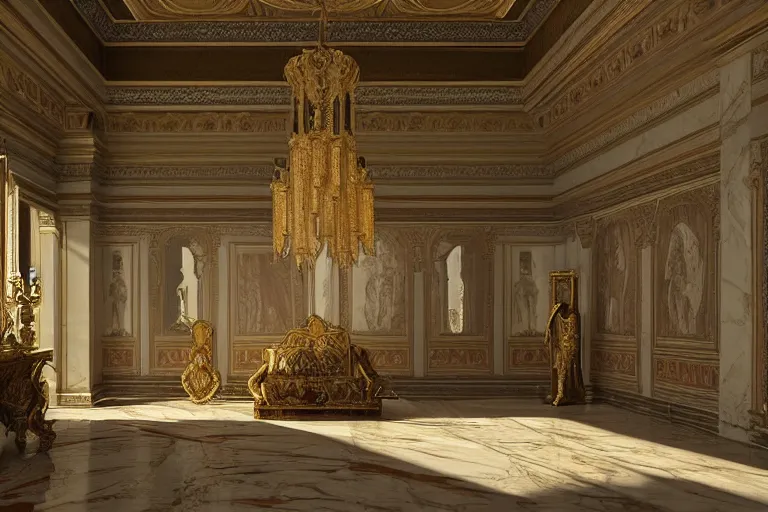 Image similar to interior of a palace in a mixture of ancient Rome and Imperial Russian decor, white marbled elegance, cinematic Keyframe chiaroscuro, by James Gurney, 4k matte painting, cgsociety. Interior environment concept art design by FZD and Craig Mullins trending on ArtStation.