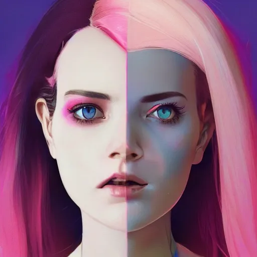 Image similar to half - voidcore symmetrical woman with cute - fine - face, pretty face, white and pink hair, realistic shaded perfect face, extremely fine details, by realistic shaded lighting, dynamic background, poster by ilya kuvshinov katsuhiro otomo, magali villeneuve, artgerm, jeremy lipkin and michael garmash and rob rey, pascal blanche, kan liu