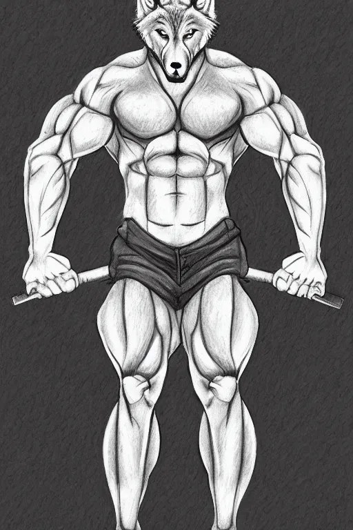 Image similar to master furry artist colored pencil drawing full body portrait character study of the anthro male anthropomorphic wolf fursona animal person wearing gym shorts bodybuilder at gym