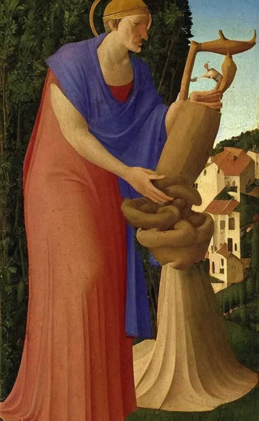 Prompt: painting by fra angelico of blindfolded!!!!!! jesus christ holding cornucopia!!! 1 4 4 0 early renaissance painting, fresco!