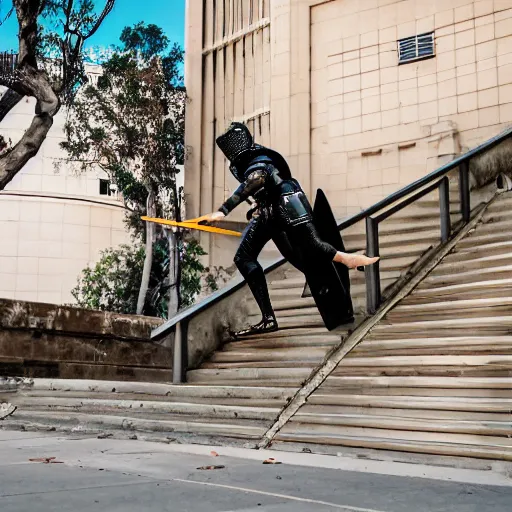 Prompt: A knight in heavy armor doing a kickflip off of a stair rail, 90's video recording, downtown L.A.