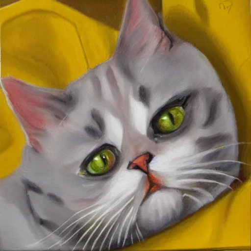 Image similar to expressive and detailed painting of a beautiful little adorable cat whose body is physically made of mustard, curling up very sweet