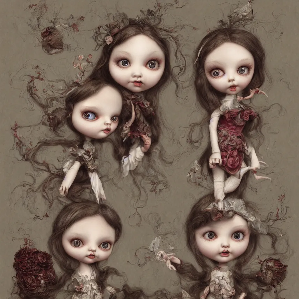 Image similar to cute pocelain doll, Mark Ryden style, highly detailed, digital painting, artstation, concept art, smooth, sharp focus, illustration,