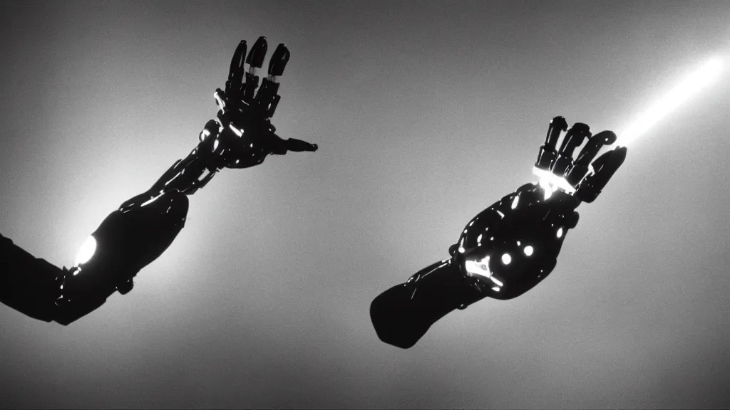 Image similar to movie scene of a robot extending hand, movie still, cinematic composition, cinematic light, by david lynch