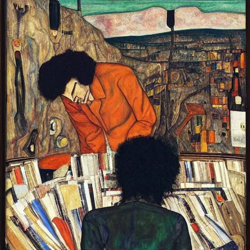 Image similar to Moodymann browsing a crate of records, oil on canvas, by Egon Schiele, Otto Dix, Frida Kahlo