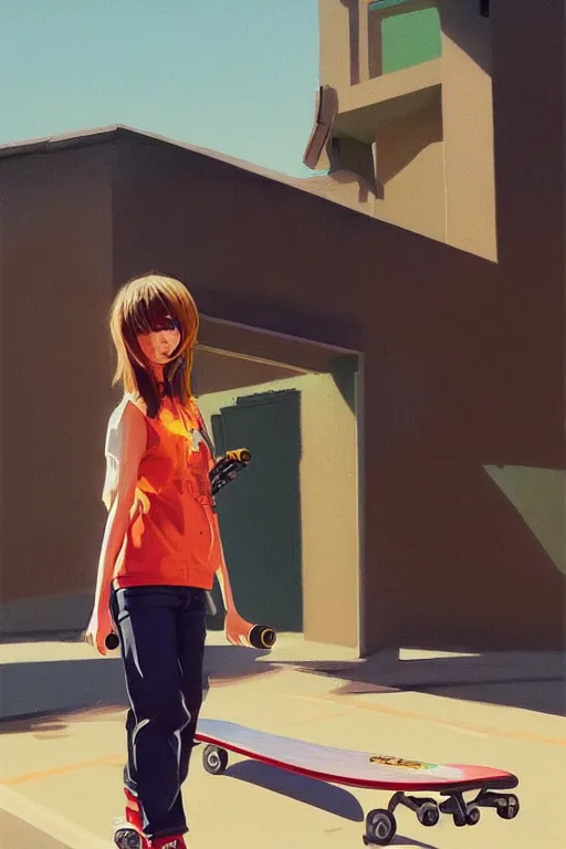 Prompt: A ultradetailed beautiful panting of a stylish woman standing on a skateboard, she is wearing streetwear, bright sunny day, Oil painting, by Ilya Kuvshinov, Greg Rutkowski and Makoto Shinkai