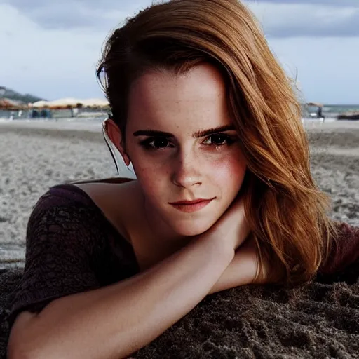 Image similar to sultry Emma Watson relaxing on a French beach, award winning, photorealistic portrait, 8k