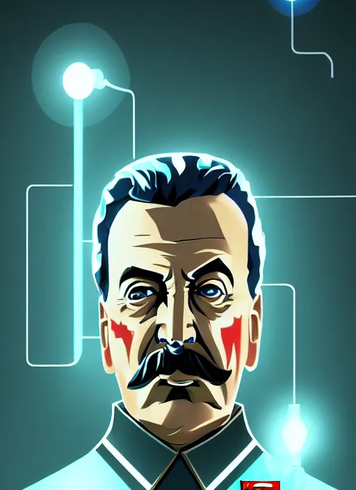 Image similar to « a portrait o cyberpunk joseph stalin, glowing eyes, cartoon, artstation hd »