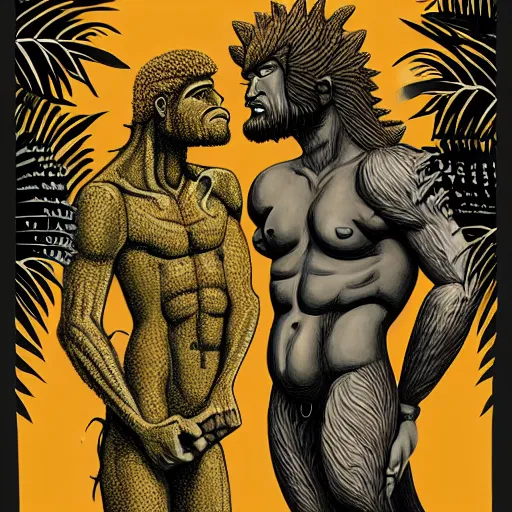 Image similar to adam and eve bigger than godzilla, apotheon art style, smooth painting, each individual seeds have ultra high detailed, 4 k, illustration, torn cosmo magazine style, pop art style, ultra realistic, underrated, by mike swiderek, jorge lacera, ben lo, tyler west