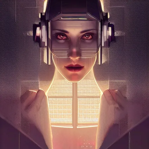 Prompt: portrait of a cyberpunk art deco girl with a grid of light falling on her face, sci-fi, intricate lighting, elegant noir, highly detailed, digital painting, studio portrait, artstation, smooth, sharp focus, illustration, art by artgerm and greg rutkowski and Charlie Bowater