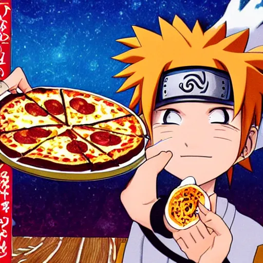 Prompt: naruto eating pizza for breakfast on luna, with dancing sandals, anime illustration, detailed