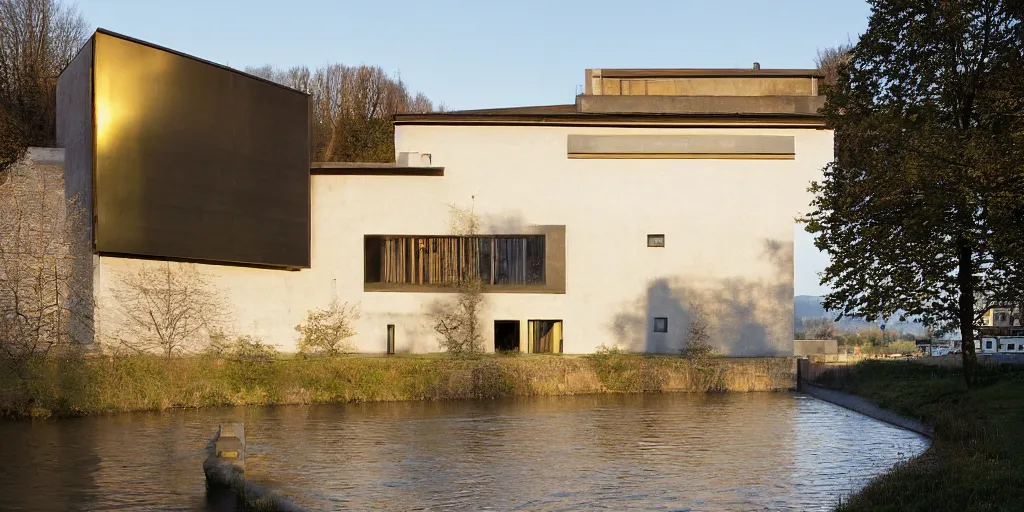 Prompt: a house by the river rhein close to mumpf designed by peter zumthor, beautiful ambient light, golden hour