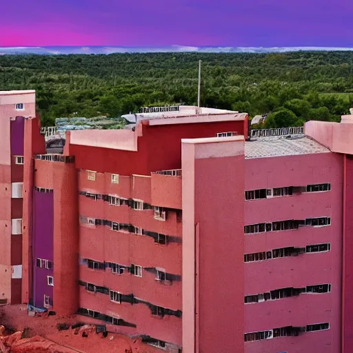 Prompt: The view from the hotel, the purple sky, and the red earth, realistic