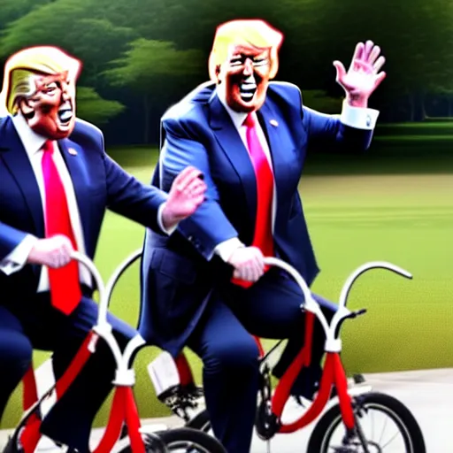 Image similar to joe biden and donald trump drunkenly riding a tandem bike together, laughing and joking, photorealistic, detailed