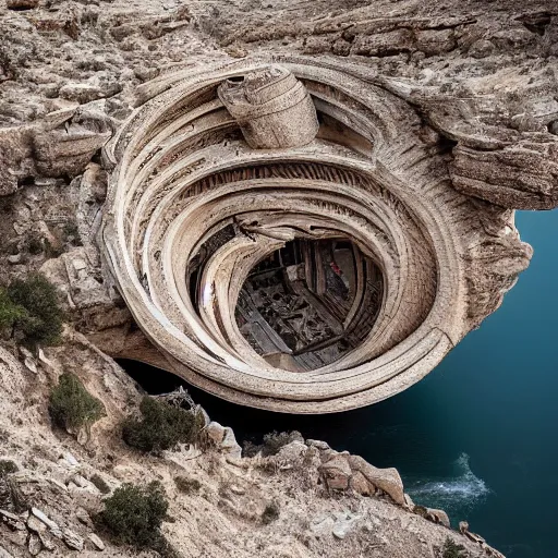 Prompt: a gigantic paleolothic torus made of stone with highly detailed carvings of intricate shamanic robotic electronics and circuitry in a mediterranean lanscape inside a valley overlooking the sea in the style of michal karcz