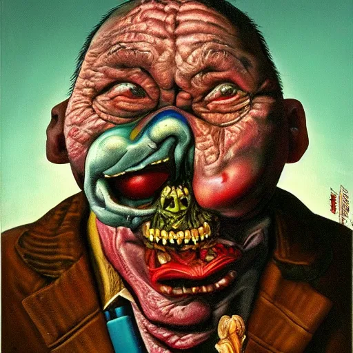 Image similar to oil painting with black background by christian rex van minnen robert williams todd schorr of a portrait of an extremely bizarre disturbing mutated man with acne intense chiaroscuro lighting perfect composition masterpiece