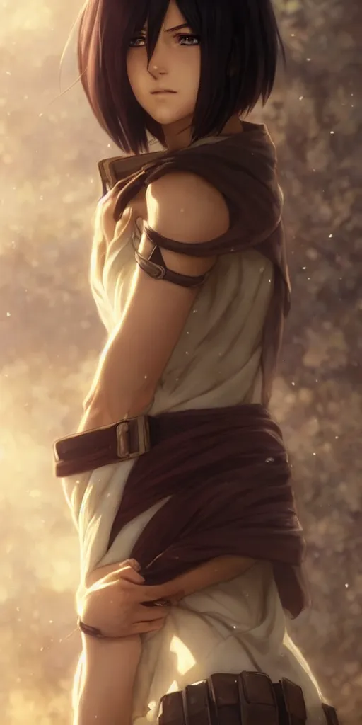 Image similar to mikasa ackerman, hero pose, medium shot, bokeh, beautiful face!!!!, 2 7 years old, cg animation, lifelike, animated, realistic, character select portrait, by artgerm, greg rutkowski, alphonse mucha, 3 d