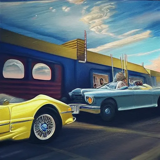 Prompt: “an award winning hyper realistic futuristic painting of a tall blond man and a dark haired man driving in an old timer car, the background flashing by in a colourful flurry.”