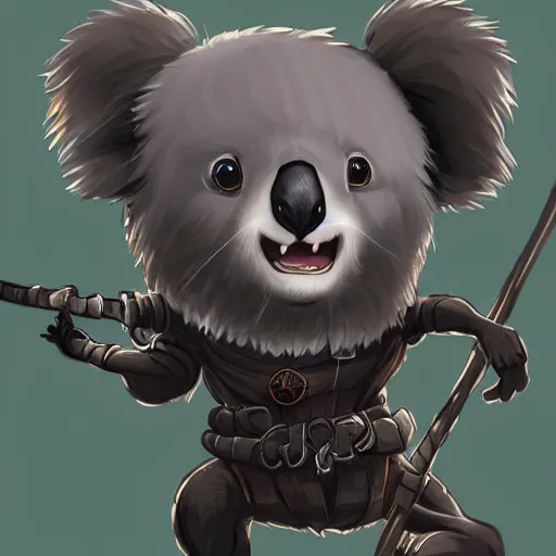 Prompt: a very cute chibi koala dressed in a black shinobi outfit, digital art by łukasz piskorz and patrick mcenvoy and michael komarck, intricate, highly detailed, artstation, concept art, smooth, sharp focus vector centered