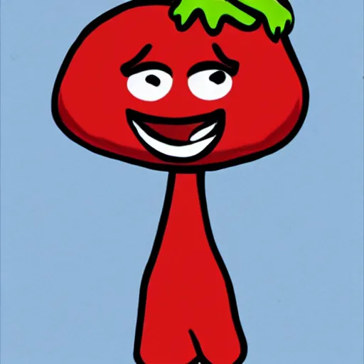 Image similar to a cute strawberry character with two front teeth, holding a yellow toothbrush, in the style of victor moscoso