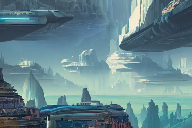 Image similar to a matte painting of a solarpunk city floating above a canyon by syd mead and peter mohrbacher and james gilleard in the style of hugh ferriss