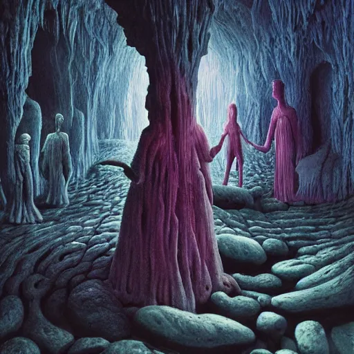 Prompt: painting of a creepy family wearing long robes, highly detailed, intercrossed humans, mixed animal, in a beautiful crystal caverine, by giger, zdzislaw beksinski, frank frazette, cold hue's, amazing colorful background, digital art, concept art, animal painting, beautiful composition 3 - d 4 k,