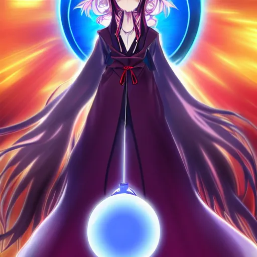 Prompt: a beautiful anime character wizard with free flowing hair holding a staff that has a glowing blue orb at the head of it high detail, high resolution