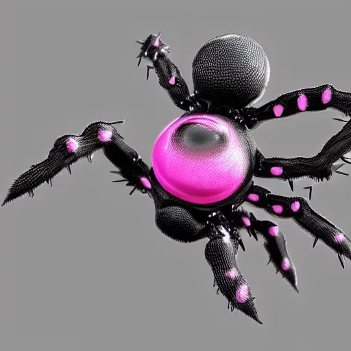 Prompt: Kumoko, a White and black patterened spider with pink eyes and spikes on it's back, CGI, anime, Kumo Desu ga Nani ka?, digital 3D drawing, sharp focus, concept-art