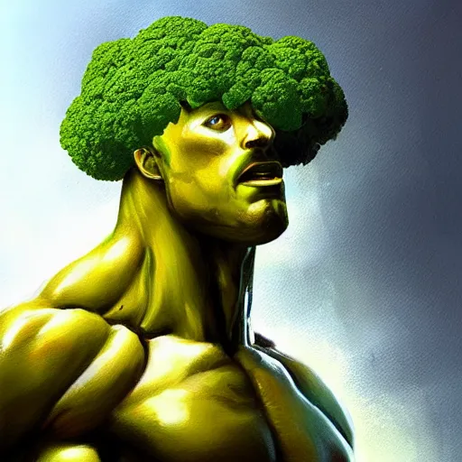 Image similar to a bodybuilder with a broccoli head in Rococo art, artstation, Greg rutkowski