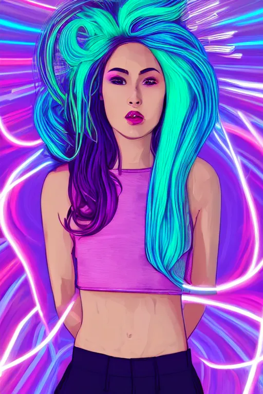 Image similar to a award winning half body portrait of a beautiful woman in a croptop and cargo pants with ombre purple pink teal hairstyle surrounded by whirling illuminated lines, outrun, vaporware, shaded flat illustration, digital art, trending on artstation, highly detailed, fine detail, intricate