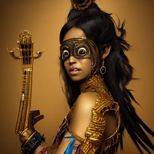 Prompt: the portrait, masked beautiful black aztec female violinist, exotic costumes, gold jewelry, black hair ， illustration by wenjun lin, irakli nadar, bright colors, octopath traveler, wenjun lin, unreal engine 5 highly rendered, global illumination, radiant light, detailed and intricate environment