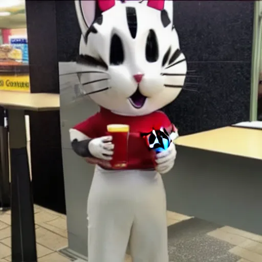 Prompt: photo of anthropomorphic cat working for mcdonalds