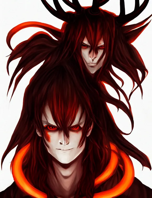 Prompt: a detailed manga portrait of a shadowy handsome demon boy with dark antlers and long crimson hair and glowing orange eyes, trending on artstation, digital art, 4 k resolution, detailed, high quality, sharp focus, hq artwork, coherent, insane detail, character portrait