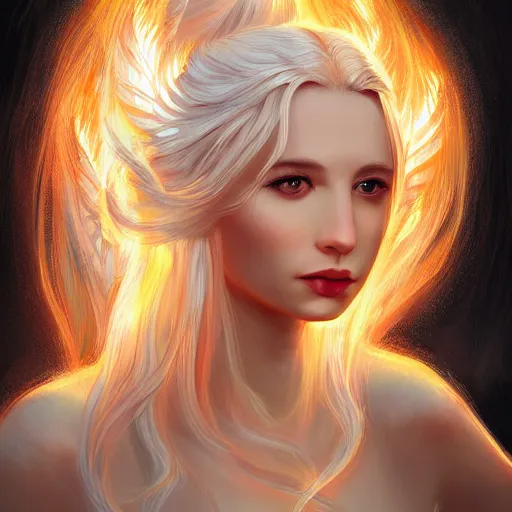 Image similar to Attractive young female fire angel, beautiful long white hair, wearing tumultus flames, intricate, highly detailed, elegant, digital painting, trending on artstation