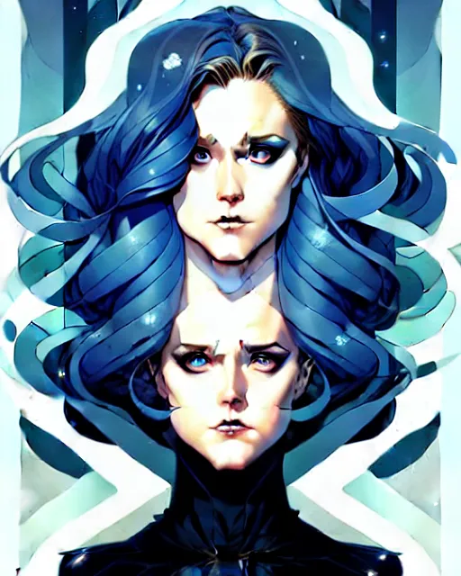 Prompt: artgerm, joshua middleton comic cover art, full body pretty evan rachel wood ice queen, symmetrical eyes, symmetrical face, long curly blue hair, icy forest, chiral lighting
