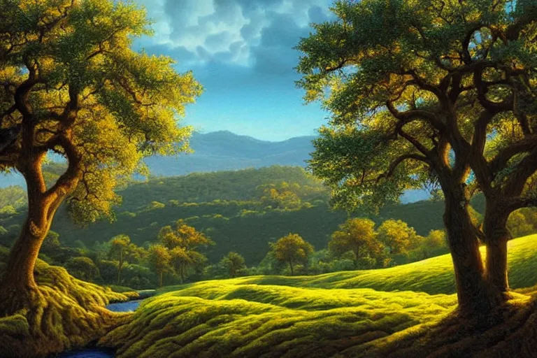 Prompt: masterpiece painting of oak trees on a hillside overlooking a creek, dramatic lighting, by greg hildebrandt