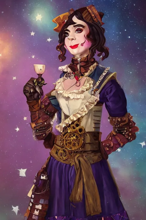 Prompt: Jester Lavorre from Critical Role in a steampunk process outfit in a starry space sky 🌈