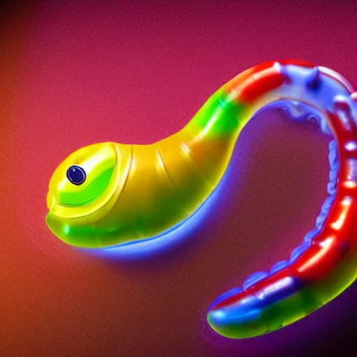 Image similar to a futuristic robotic gummi worm. dramatic product lighting. it's a gummi with extra juiciness. but it's also a worm. ick. in a magical side alley, the worm is sold out of a trendy food truck. digital art, sci - fi, fantasy, fairytale, imax, 4 k.